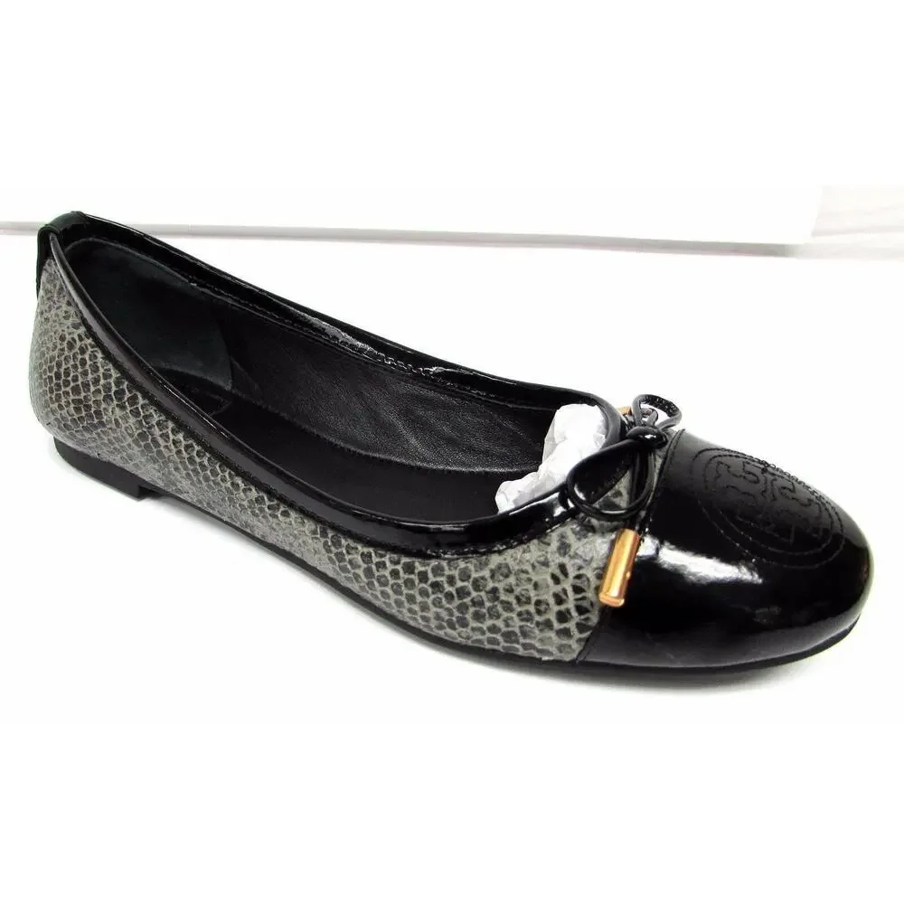 Tory Burch Black Patent and Gray Snake-Print Ballet Flat